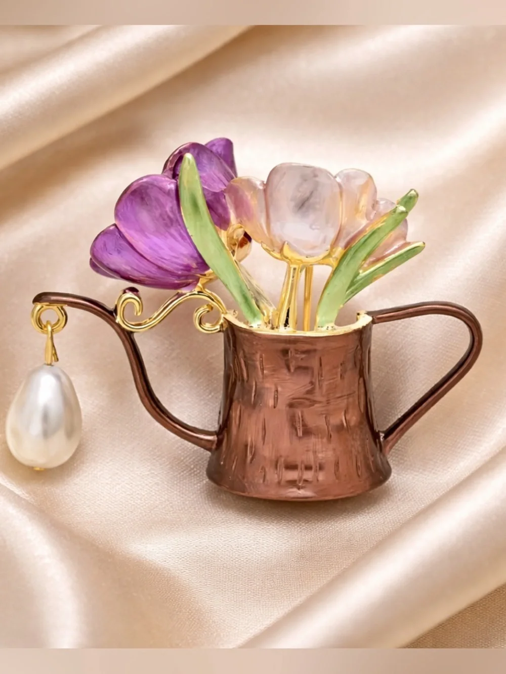 Floral Watering Can Gold Tulip Pearl Cute Chic Brooch